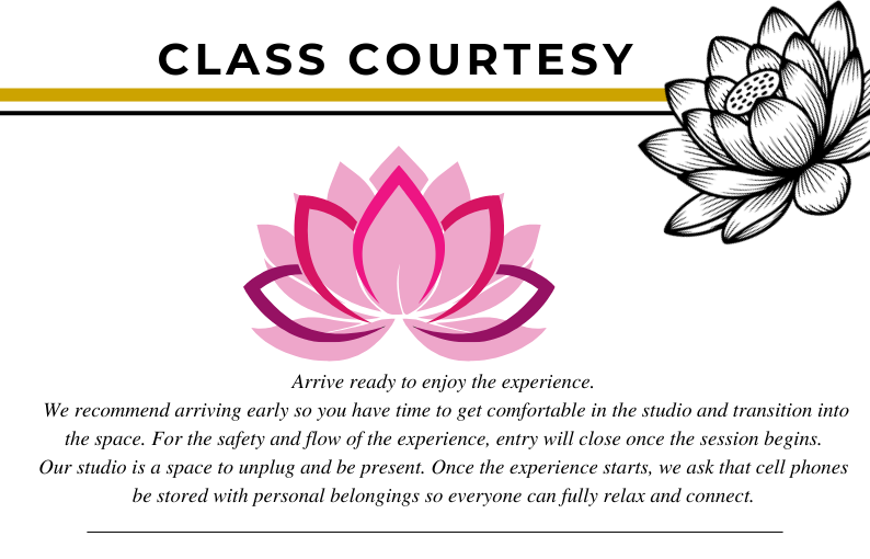Image featuring a pink lotus flower with guidelines for class courtesy, emphasizing early arrival and phone storage for relaxation.